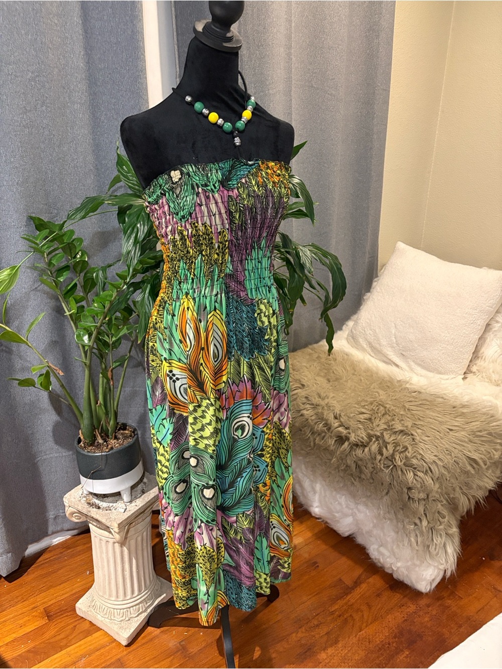 Just Love Strapless Peacock-Print Maxi Dress in Green, Teal, Yellow & Purple